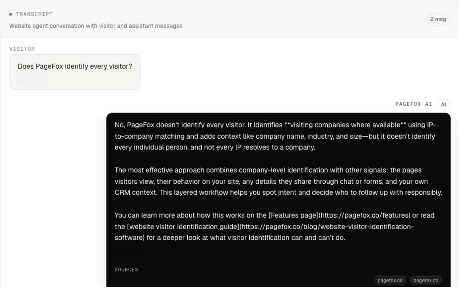 PageFox conversation detail showing a visitor question, an assistant reply with source links to site content, and a plain-language reason for the intent score.