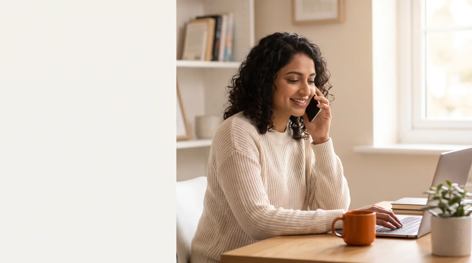 Example: a fictional client taking a call back at her desk